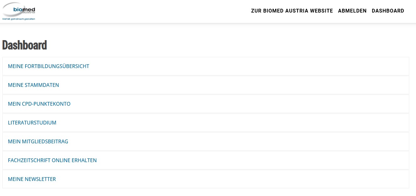 Menü und Dashboard nach Login